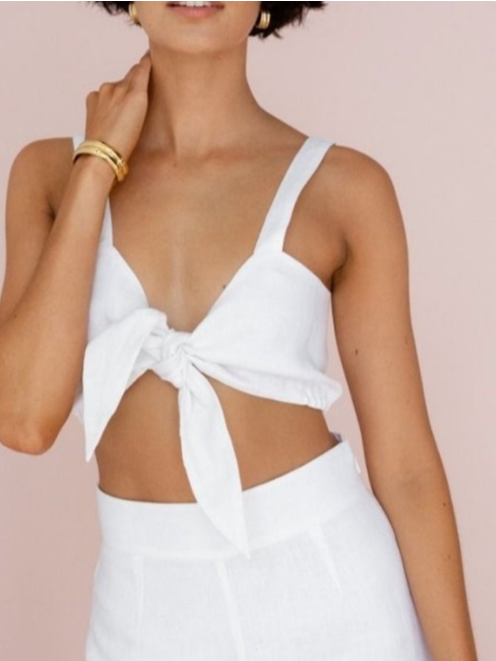 Posse Frieda Bralette, black cropped tie-front top with thick shoulder straps L